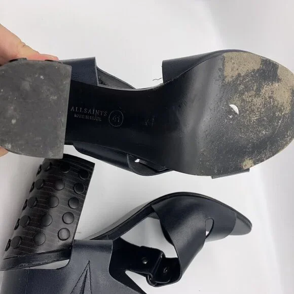All Saints Leather East Heel Sandals Block Heel Shoes Strap Navy 41 Women’s 11 - Picture 11 of 15